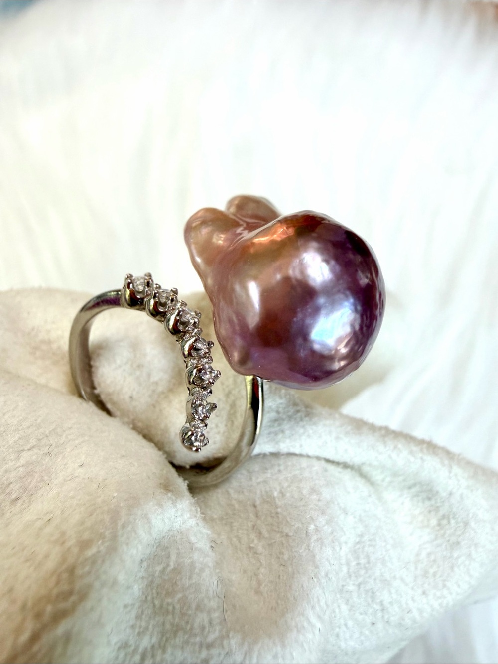 Lavender Baroque Pearl Ring with Pavé Band - Women Jewelry - Picture 8 of 10